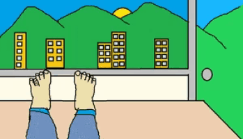 a cartoon drawing of a person 's feet standing on a balcony overlooking a city