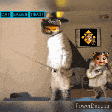 a cat named toast is holding a sword next to a child