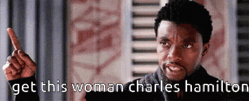 a man is pointing at a woman with the words `` get this woman charles hamilton '' written below him .