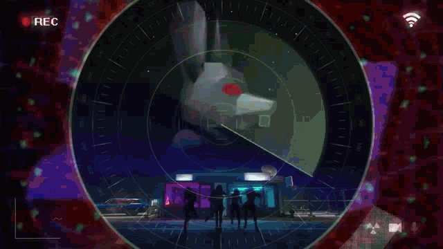 a group of women are dancing in front of a giant bunny with red eyes and a red rec button