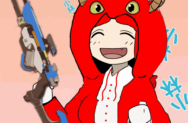 a cartoon of a girl wearing a red hoodie and holding a gun