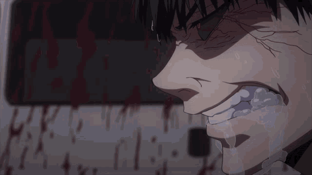 a close up of a person with blood on their face