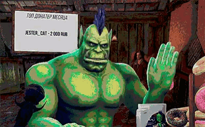 a cartoon character with a mohawk stands in front of a sign that says jester cat - 2000 rub