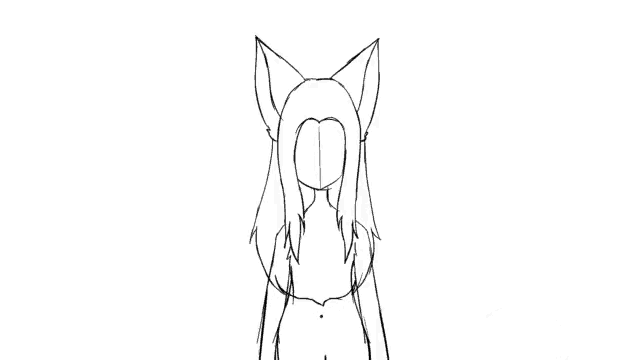 a black and white drawing of a girl with long hair and a fox 's tail .