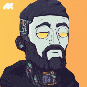a cartoon drawing of a man with a beard has graffiti on his face and neck