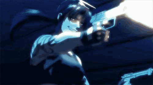 a woman is holding a gun in her hand and pointing it at someone .