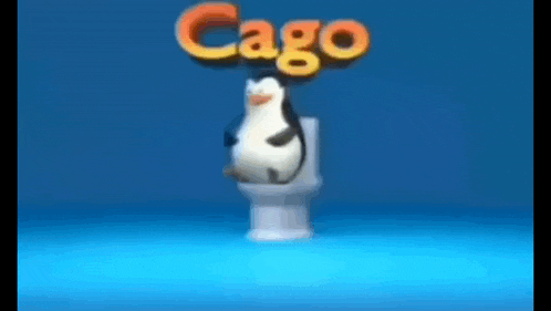 a penguin on a toilet with the word cago above it