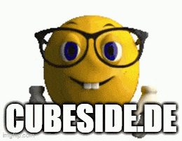 a yellow smiley face with glasses and the words cubesidede