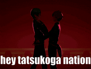 a couple of anime characters standing next to each other with the words hey tatsuyaga nation written below them