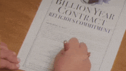 a person is signing a contract for a million year religious commitment