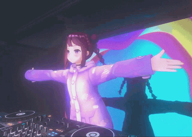 a girl in a purple jacket is standing in front of a pioneer dj controller