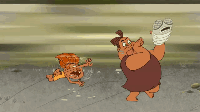 a cartoon of a man holding a glove with a face on it and a woman running behind him