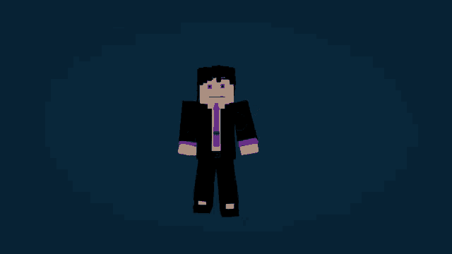 a minecraft character is wearing a black suit and a purple tie