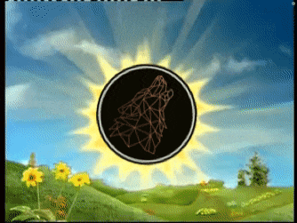 a picture of a wolf in a circle with the sun behind it