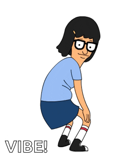 a cartoon character from bob 's burgers is squatting down with the word vibe written below her .