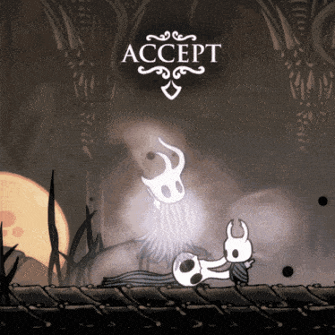 a video game screen shows a ghost and the words accept below it