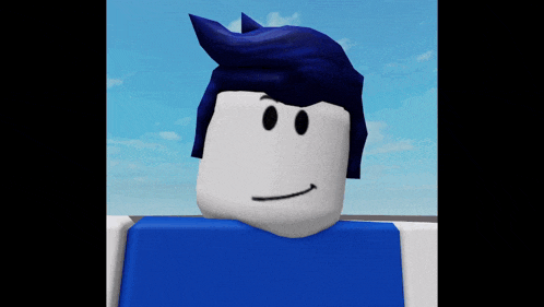 a roblox character with blue hair and a blue shirt smiles