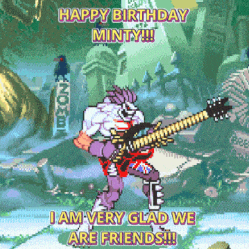 a pixel art of a man playing a guitar with the caption happy birthday minty