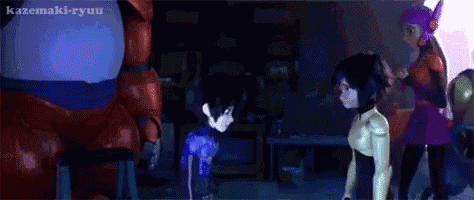 a group of animated characters are standing next to each other in a dark room .