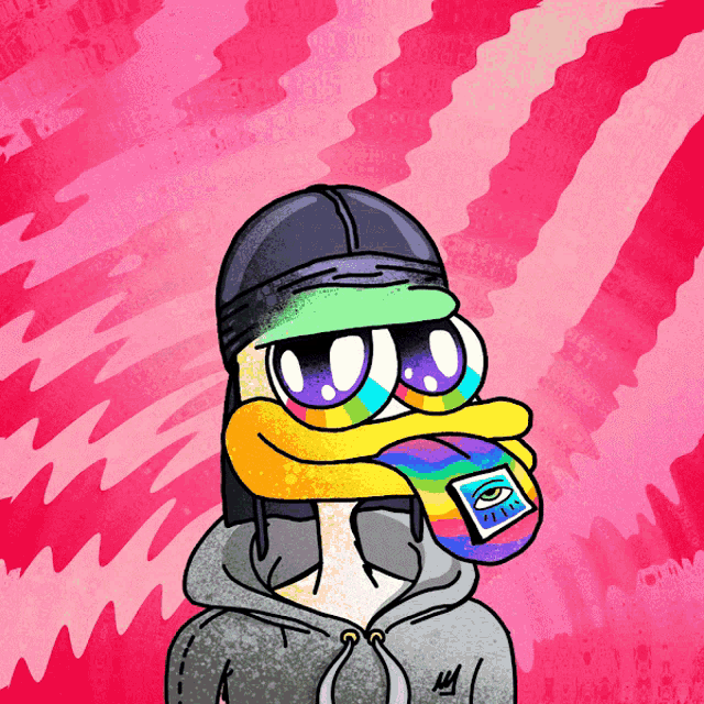 a cartoon of a duck wearing a hoodie and hat