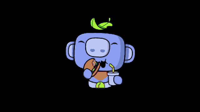a blue cartoon character is eating a hamburger and drinking a soda