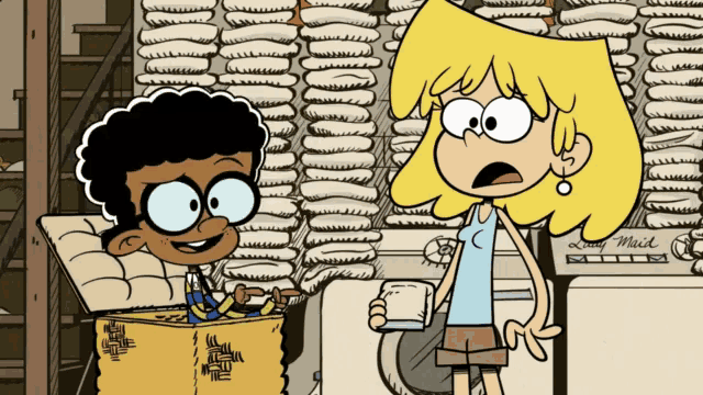 a cartoon of a boy and a girl standing in front of a washing machine that says jenny maid