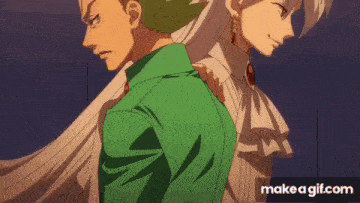 a couple of anime characters standing back to back .