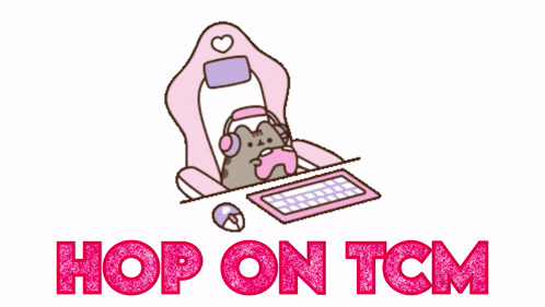 a logo for hop on tcm shows a cat sitting at a desk