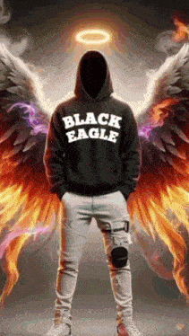 a man in a black eagle hoodie with angel wings and a halo