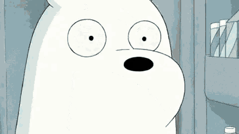 ice bear from we bare bears is making a funny face while standing in front of a refrigerator .