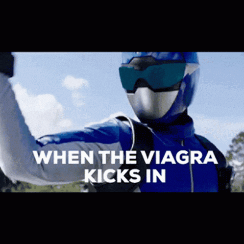 a man in a blue and silver superhero costume says " when the viagra kicks in "