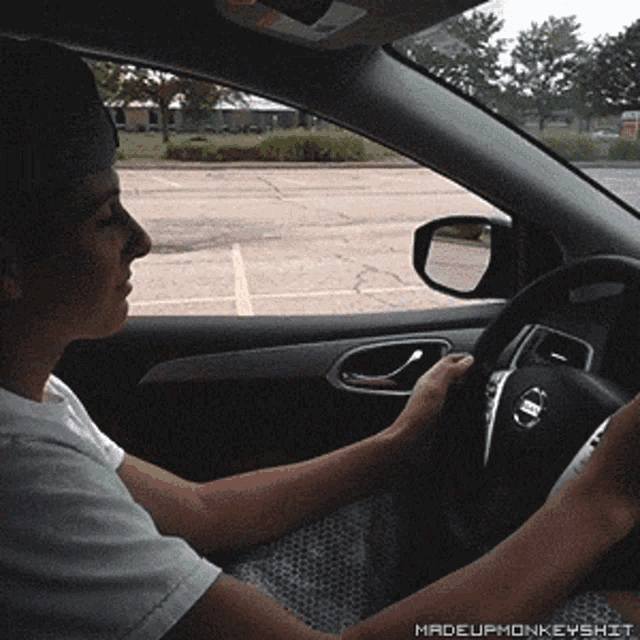 a man driving a car with the words madeupmonkeyshit on the bottom right
