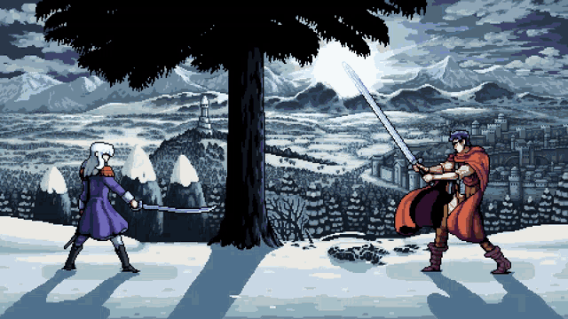 a pixel art of two men fighting with swords