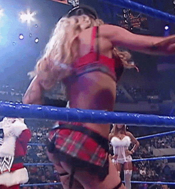 a woman in a red bra and plaid skirt is in a wrestling ring with santa claus .