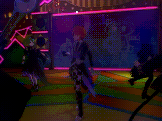 a video game character is dancing on a stage in a dark room .