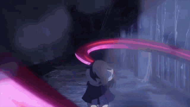 a girl in a school uniform is standing in a dark room with a purple light coming out of her mouth .
