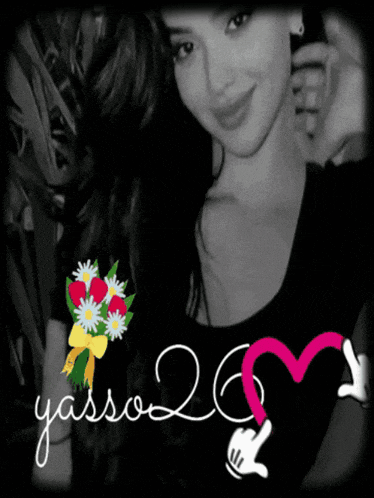 a black and white photo of a woman with flowers and the name yasso26