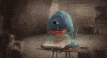 a cartoon character is sitting on a high chair and eating a sandwich