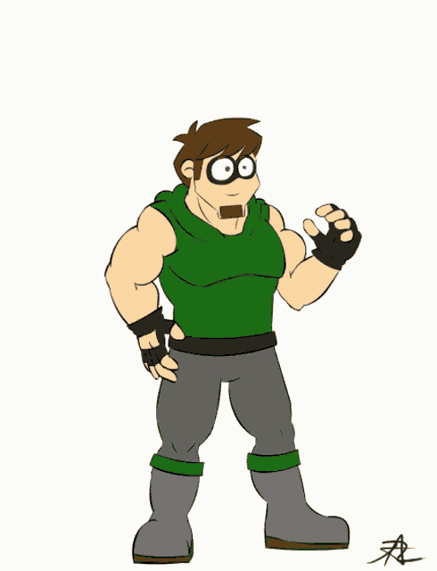 a cartoon of a man in a green tank top throwing a red can