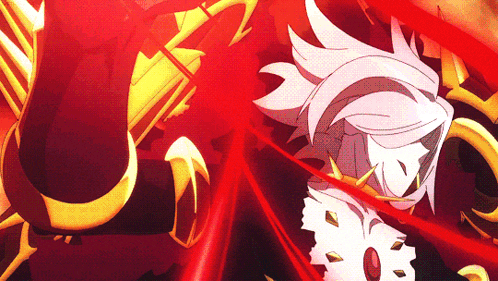 a cartoon character with white hair and a red background