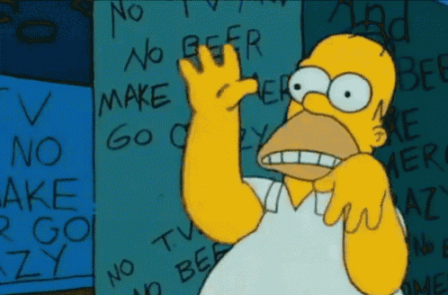 homer simpson stands in front of a sign that says " no beer "