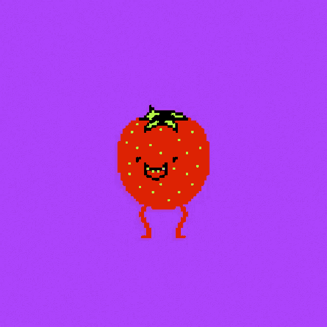 a pixel art illustration of a strawberry with a face and legs