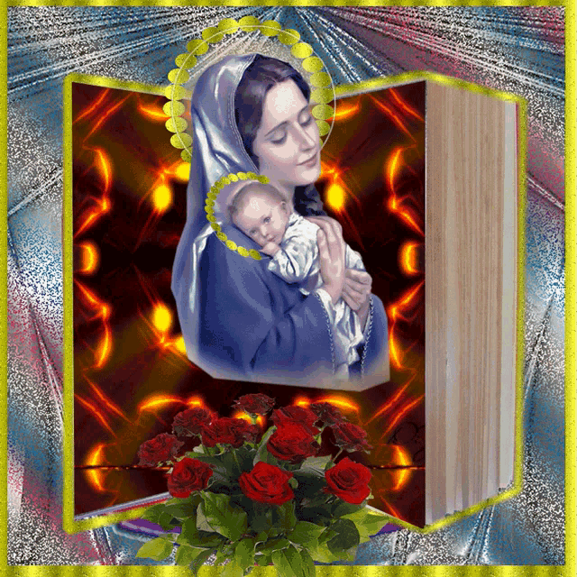 a painting of a woman holding a baby next to roses