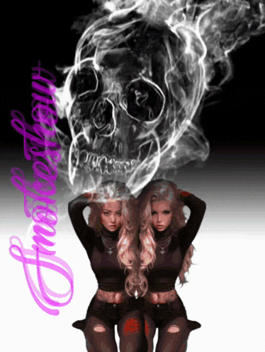 a picture of a woman with a skull coming out of her head and the word smoke on the bottom