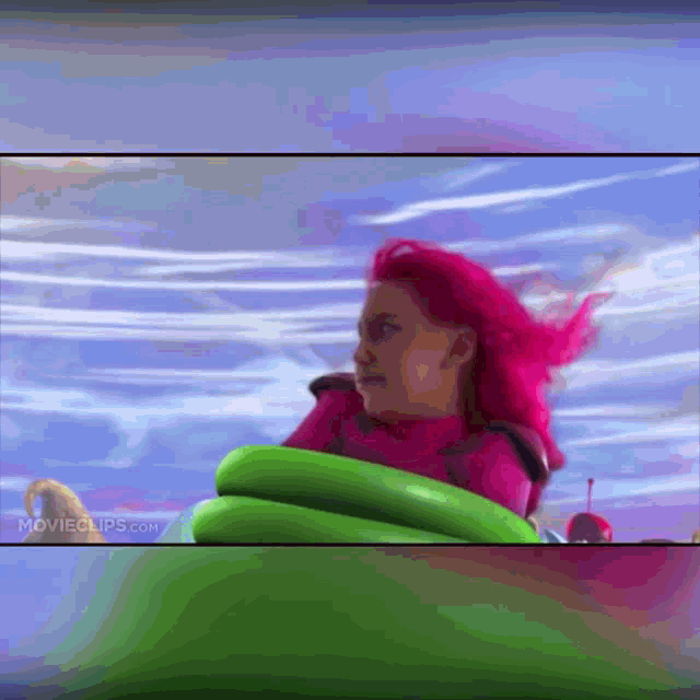 a girl with pink hair rides a green roller coaster