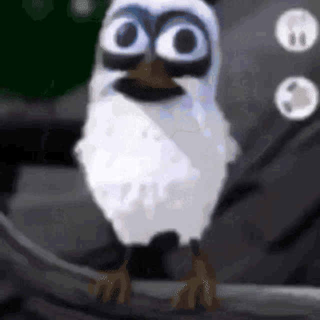 a cartoon bird with big eyes is standing on a branch .
