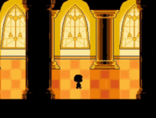 a cartoon character is standing in a room with arched windows