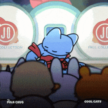 a cartoon of a blue cat sitting in front of a sign that says " cool cats "