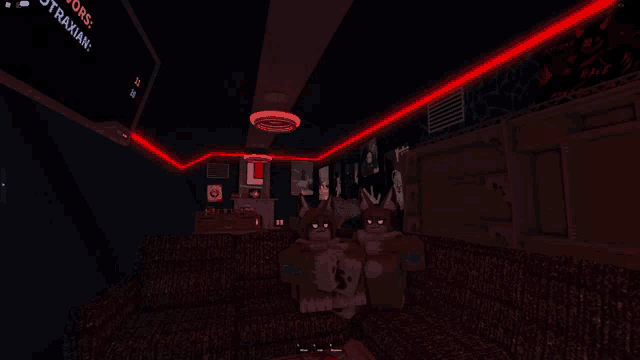 a dark room with red lights and a sign that says ' orchestra ' on it