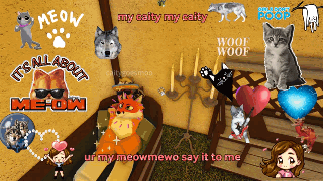 a collage of stickers including one that says meow